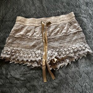 No Boundaries Lace Trim High Waist Shorts - Tan